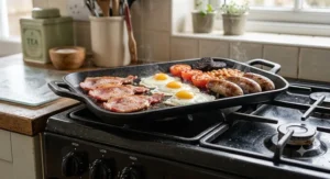 Flat smooth side of a reversible griddle pan cooking a full English breakfast with eggs and bacon
