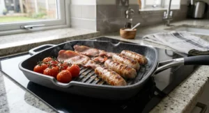 Bacon rashers, pork sausages and vine tomatoes sizzling inside a square non stick griddle pan.