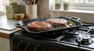 Ribbed side of a reversible griddle pan searing thick ribeye steaks with grill marks