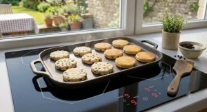 Golden Welsh cakes cooking evenly on the flat surface of a reversible griddle pan