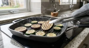 Sliced aubergines and courgettes grilling evenly across the surface of a non stick griddle pan.