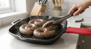 British Cumberland sausages grilling inside a heavy-duty ridged cast iron griddle pan