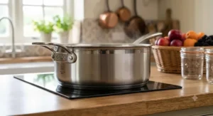 Close-up of a heavy-based preserving pan designed for even heat distribution during jam making