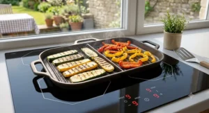 Reversible griddle pan spanning across two zones on an induction glass hob