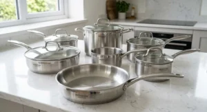 Complete induction compatible stainless steel pan set including milk pan, saucepans, and frying pan.