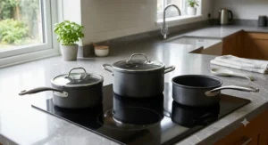Three saucepans from an induction-compatible non-stick pan set resting on a glass hob.