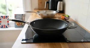 Large non-stick wok placed on an induction hob, demonstrating its flat base and heat distribution.