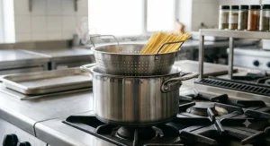 Large professional-grade pasta cooking pot featuring an integrated colander insert for easy draining.