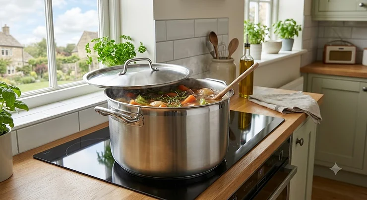 A large stainless steel stockpot sitting on a kitchen hob, ideal for cooking Sunday roast gravy and stews.