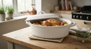 Large white ceramic casserole dish perfect for cooking traditional British roast dinners and family meals.