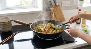A lightweight wok for induction hobs featuring a helper handle for easy manoeuvring while cooking.