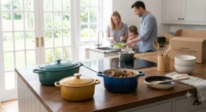Modern and elegant cookware in a bright kitchen, proving to be a perfect Le Creuset alternative for everyday family cooking.