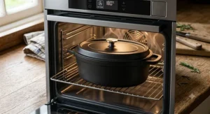 A sleek, contemporary oval casserole dish placed inside a hot fan oven