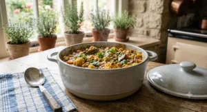 A stylish stoneware round casserole dish in a neutral colour suitable for oven-to-table serving.