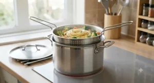 Multi-purpose kitchen pasta pot with strainer set, ideal for boiling spaghetti and vegetables.