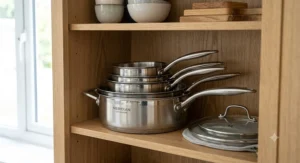 Space-saving nesting stainless steel pan set stacked neatly inside an oak kitchen cupboard.