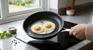 Fried eggs sliding effortlessly in a non-stick frying pan from a premium pan set.