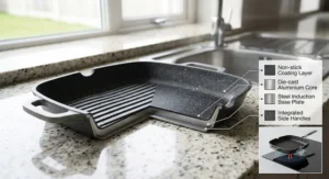Diagram showing the multi-layer die-cast aluminium construction of an induction-compatible non stick griddle pan.