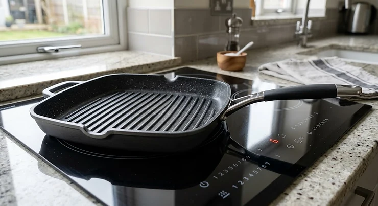 Cast aluminium non stick griddle pan resting on a modern dark glass induction hob in a kitchen.