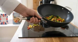 Ergonomic, stay-cool handle of a non-stick wok held by a chef in a domestic kitchen setting.