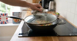 Non-stick wok paired with a vented tempered glass lid for steaming and simmering Asian-inspired dishes.