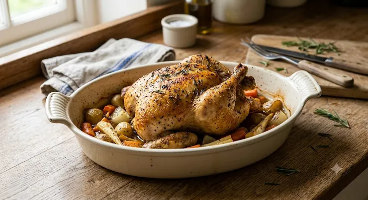 A classic ceramic oval casserole dish containing a golden roasted chicken on a kitchen counter
