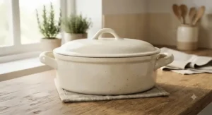 Durable oval ceramic casserole dish with sturdy side handles for easy oven lifting.