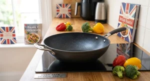 A sleek, oven-safe non-stick wok displayed on a kitchen counter, highlighting its multi-purpose design.