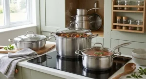 Large stainless steel stockpot with sturdy riveted side handles, ideal for simmering homemade soups and casseroles.