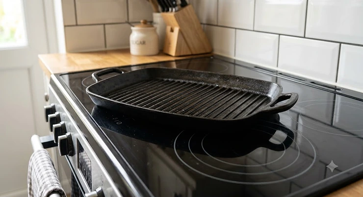 Pre-seasoned black cast iron griddle pan placed on a glass induction hob in a British kitchen