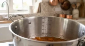 Interior of a best-rated preserving pan showing clear volume markings for accurate jam recipes