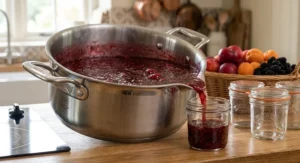 Wide-brimmed preserving pan featuring a convenient pouring spout for transferring hot jam into jars