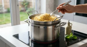 Professional-style chef's pasta pot with deep strainer basket for authentic Italian cooking at home.