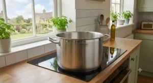A professional-grade stainless steel stockpot with heat-resistant handles, designed for home kitchens.