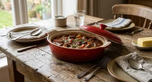 A vibrant red oval casserole dish serving as a centrepiece on a rustic wooden dining table