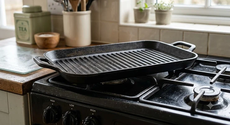 Cast iron reversible griddle pan sitting on a British gas hob stove top