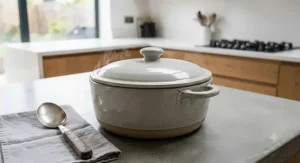 Side view of a round casserole dish featuring easy-grip handles for safe lifting from the oven.