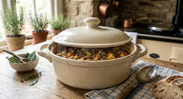 A classic round ceramic casserole dish with a lid, perfect for slow-cooked stews and Sunday roasts.