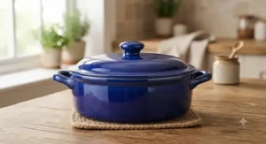 A round, high-gloss glazed ceramic casserole dish sitting on a kitchen table.