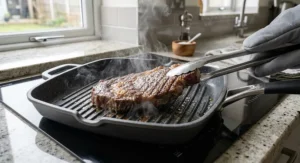 Thick ribeye steak searing on raised ridges of a non stick griddle pan, creating dark griddle lines.