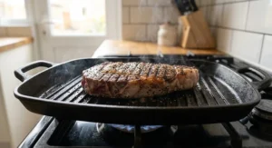 Thick ribeye steak searing on a ridged cast iron griddle pan with prominent grill marks
