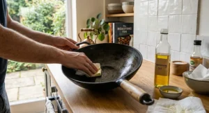 Close-up of a home cook applying oil to season a traditional flat-bottomed cast iron wok.