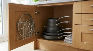 Space-saving stackable non-stick pan set nested neatly inside a British kitchen cupboard.