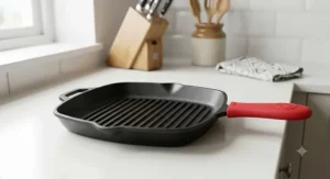 Square pre-seasoned cast iron griddle pan featuring raised ridges and a protective silicone handle cover