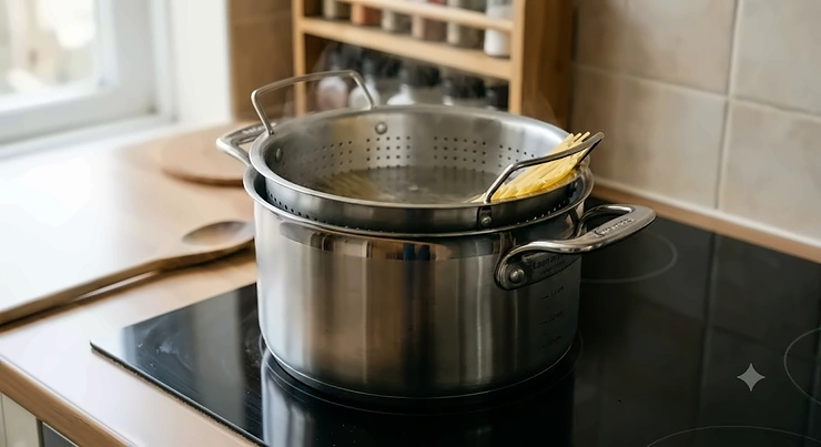 A high-quality stainless steel pasta pot with a lift-out strainer basket sitting on a hob.