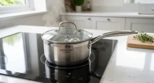 Stainless steel saucepan with glass lid boiling water on a sleek black induction hob.