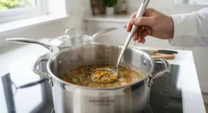 Internal capacity measurement markings inside a stainless steel stockpot simmering soup.