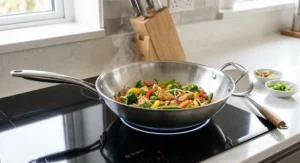 Professional stainless steel wok compatible with all induction cooktops for efficient heat distribution.