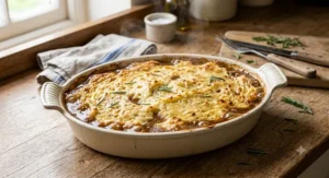Cream-coloured stoneware oval casserole dish filled with a bubbling cottage pie