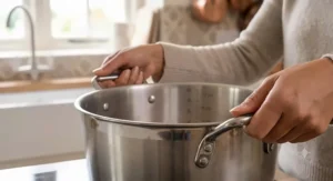 Ergonomic, heat-resistant handles on a large preserving pan for safe lifting when full